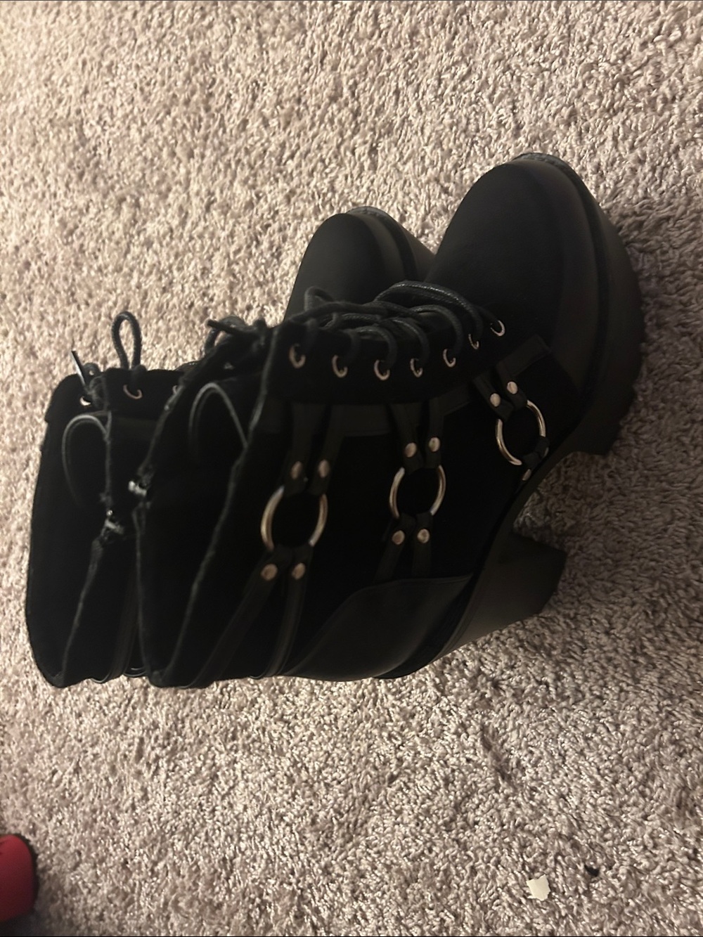 Black Lace-Up Ring Detail Women's Ankle Boots